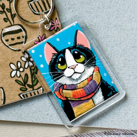 Tuxedo Cat Wearing a Scarf Keyring - Large