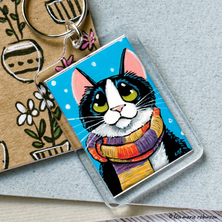 Tuxedo Cat Wearing a Scarf Keyring - Large