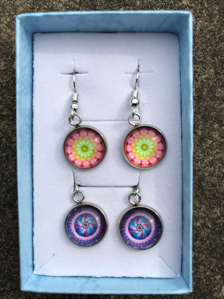 Glass Mosaic Effect Drop Earrings - 2 pairs - Pink & Blue