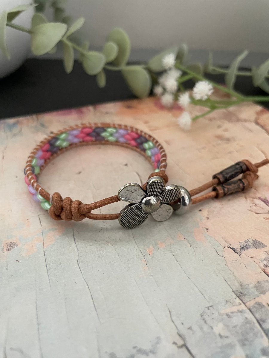 Leather wrap glass beaded boho design adjustable bracelet , gift for teen girl