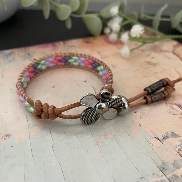 Leather wrap glass beaded boho design adjustable bracelet , gift for teen girl