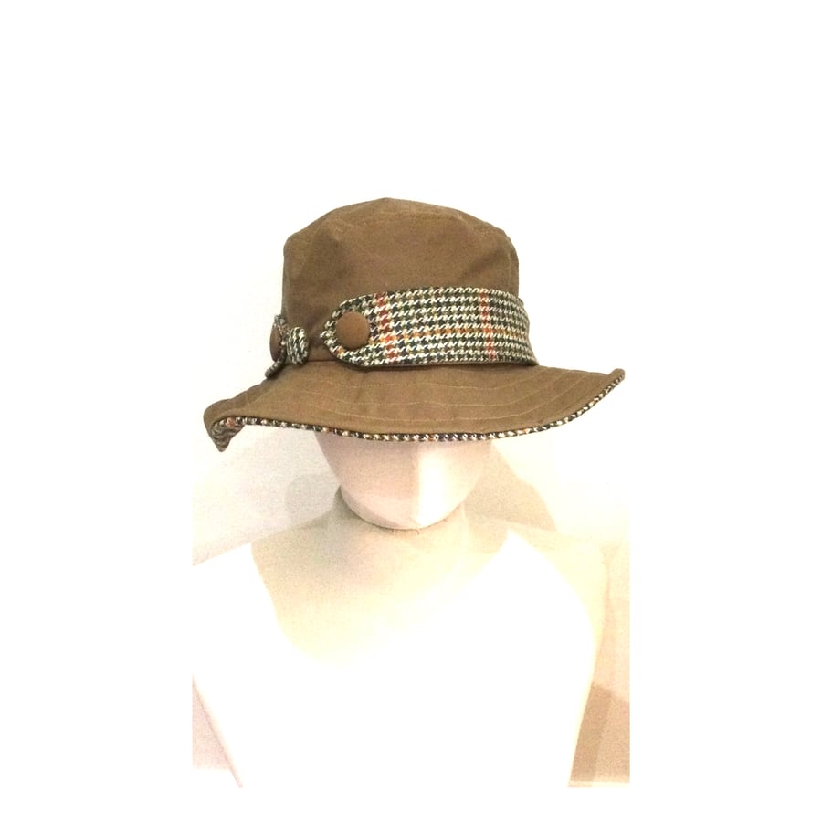 Waxed Cotton Bucket Hat Caramel Dogtooth