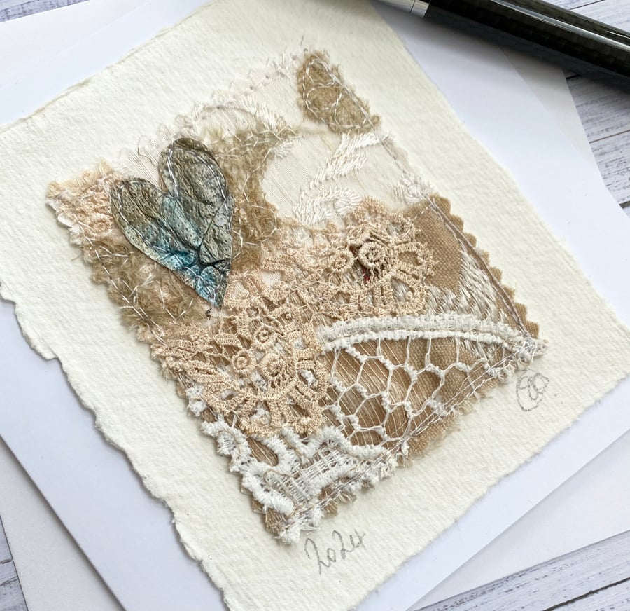 Up-cycled vintage lace romantic embroidered heart card. 