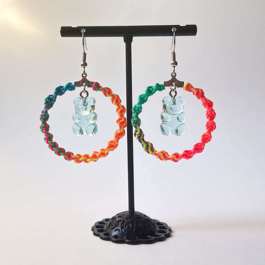 Earrings Macrame Hoop -  Rainbow Gummy Bear Blue FREE UK P&P