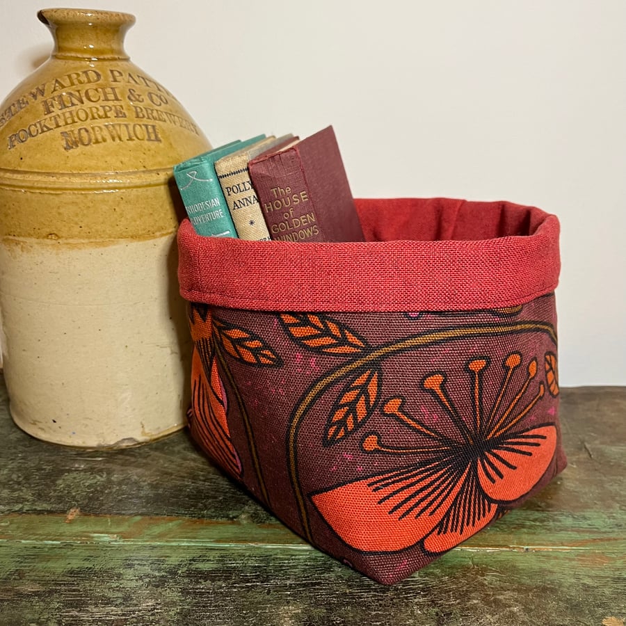 Reclaimed retro linen fabric basket with red lining reversible gift basket 