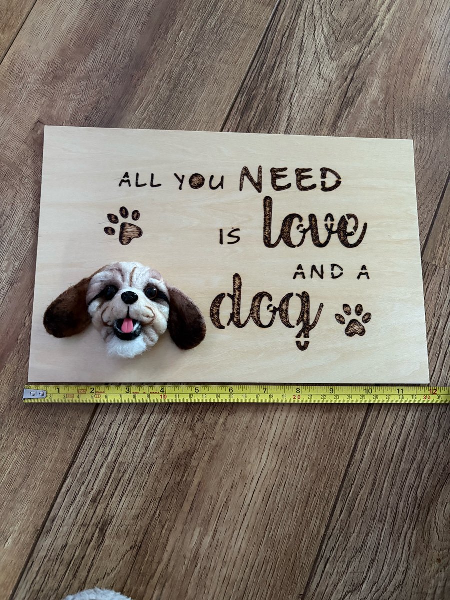 Hand burned dog plaques, either burned image or felted image of pet