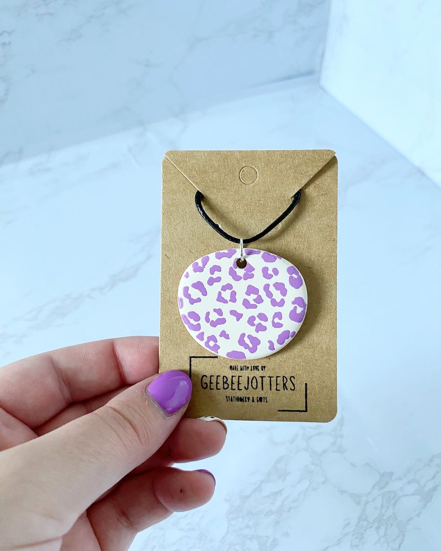 Purple Leopard Print Painted Ceramic Pendant Necklace