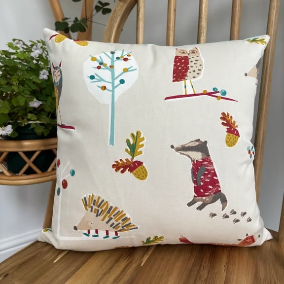 Cushion cover in fun forest animal print, 36cm x 36cm 