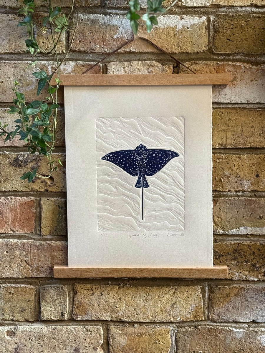 Spotted Eagle Ray Linocut With Blind Embossing, Hanger Framed
