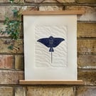 Spotted Eagle Ray Linocut With Blind Embossing, Hanger Framed