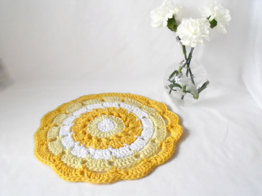 yellow crochet mandala, decorative summery crocheted doily for your home