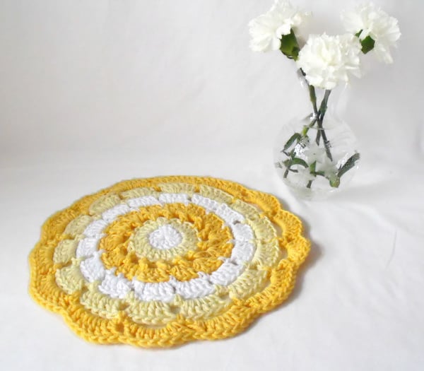 yellow crochet mandala, decorative summery crocheted doily for your home