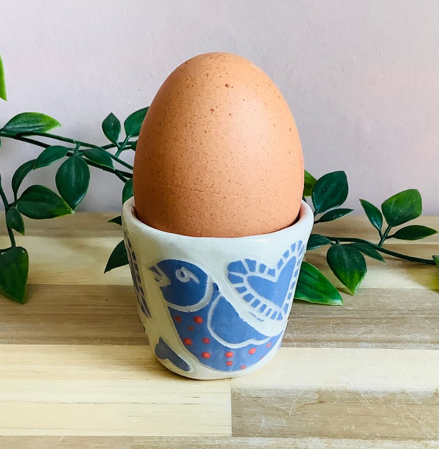 Handmade stoneware sgraffito egg cup lilac bird and heart