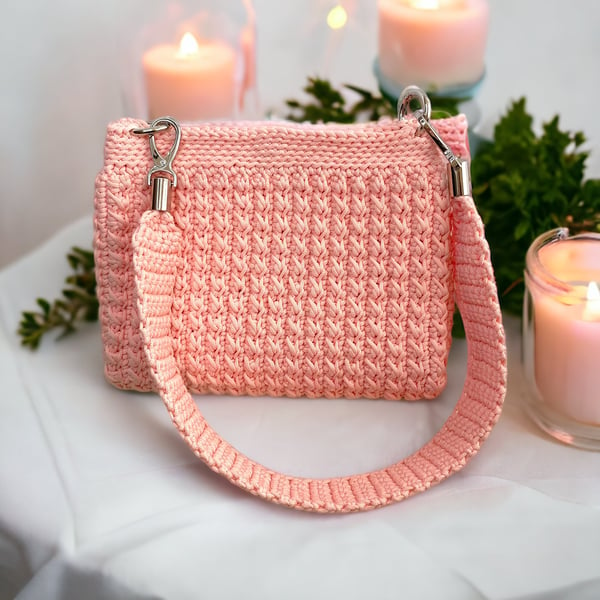 Unique and Elegant Light Pink Crocheted Handbag