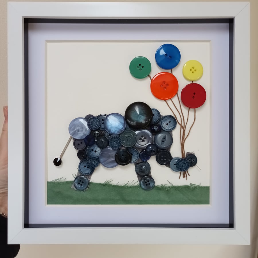 Elephant and balloon button 3D art 10" x 10" wallhanging