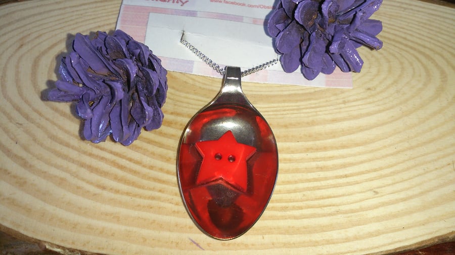 Resin Filled Silver Plated Spoon Necklace with Red Star Button