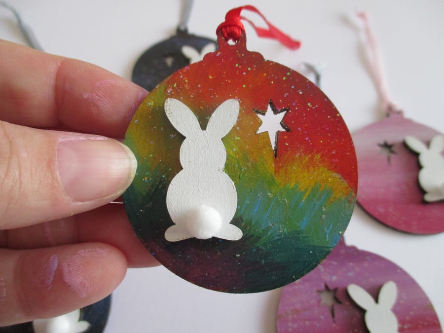 Bunny Rabbit Christmas Tree Bauble Decoration Wood Wooden Rainbow Hanging