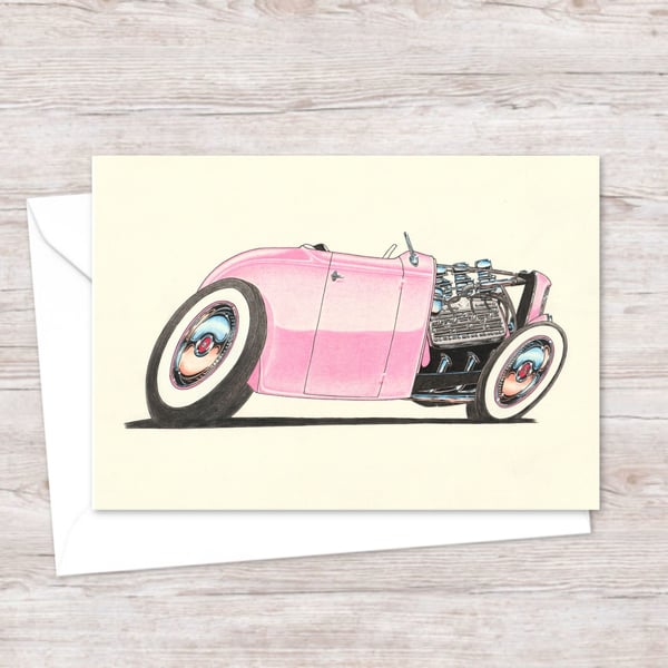 Pink Street Rod Greeting Card: Original Art for a Classic Car Lover (404)