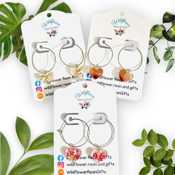 Silver hoop earrings with heart charm, stainless steel flower jewellery
