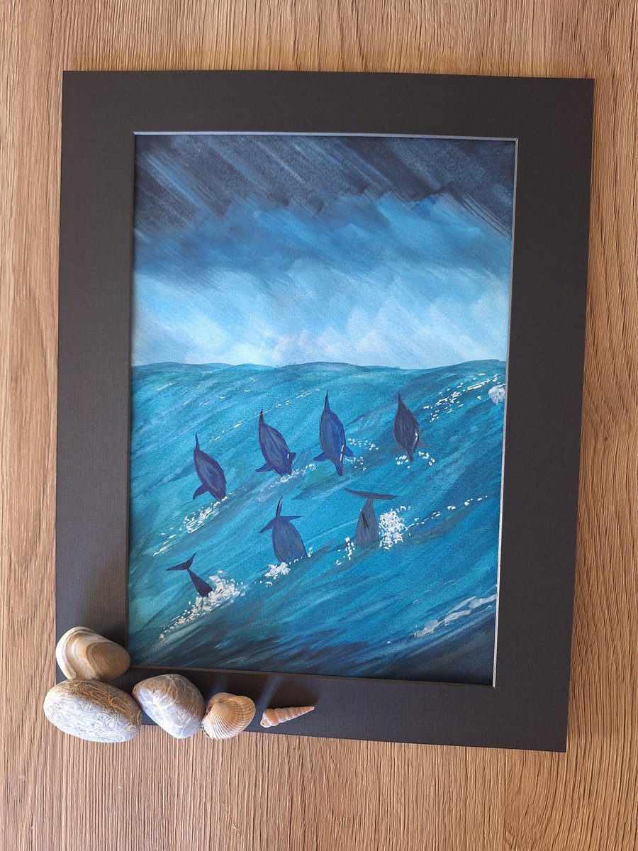 Dolphin school adilic blue sea painting 