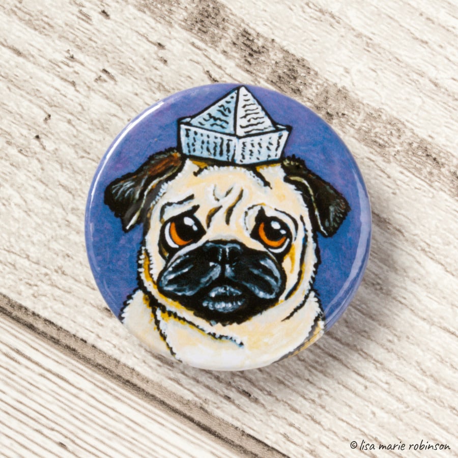 Cute Pug Wearing Paper Hat Badge - 38mm