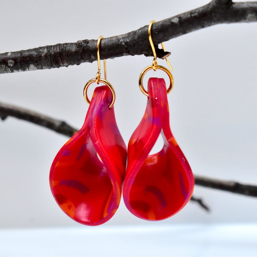 Open Loop Drop Earrings in Glitter Red, Hot Pink & Tangerine Polymer Clay