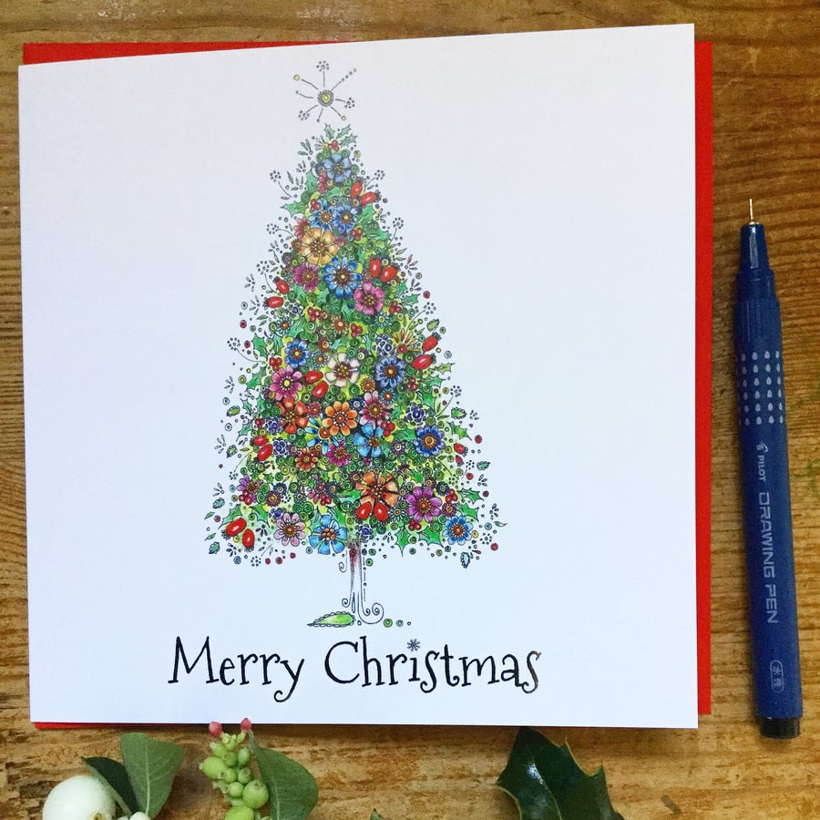 Stunning floral Christmas Tree single card 