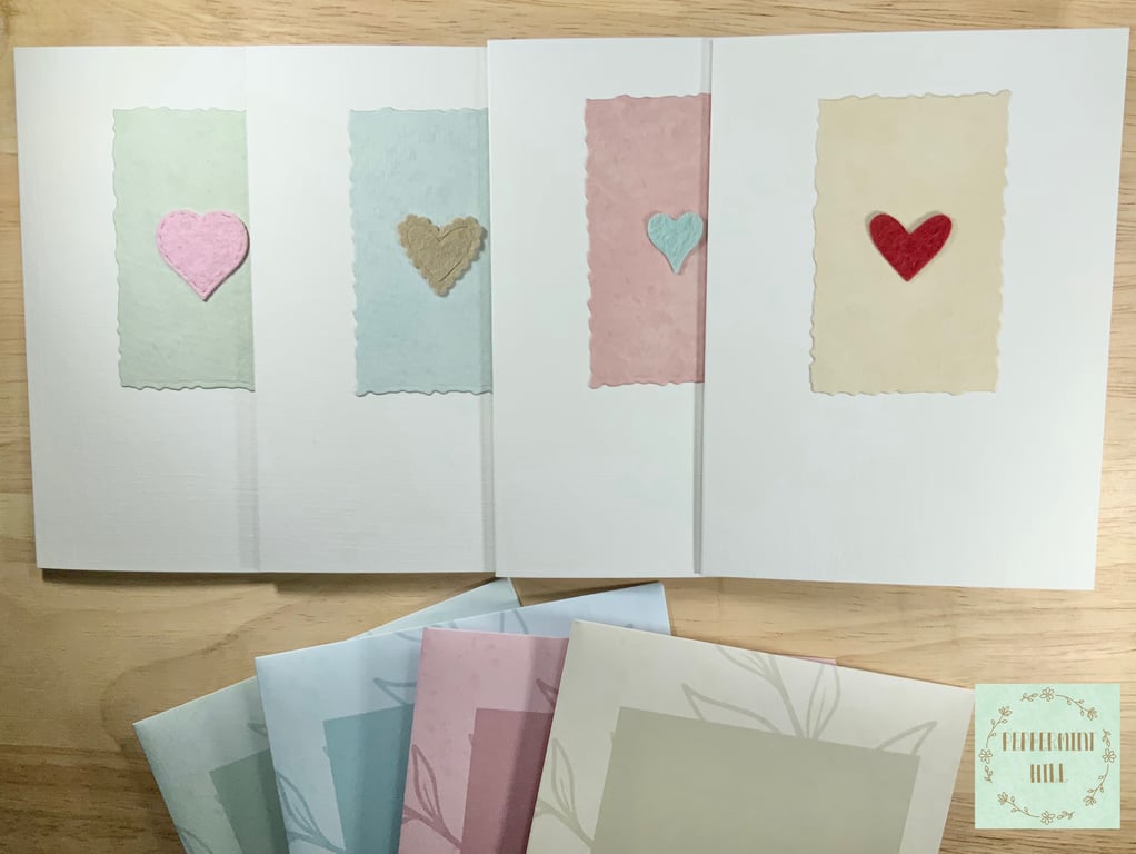 Handmade heart cards, minimalist, pack of 4