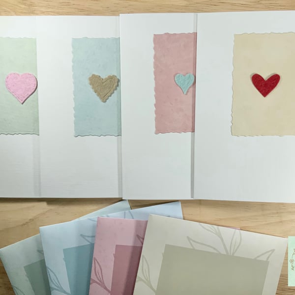 Handmade heart cards, minimalist, pack of 4