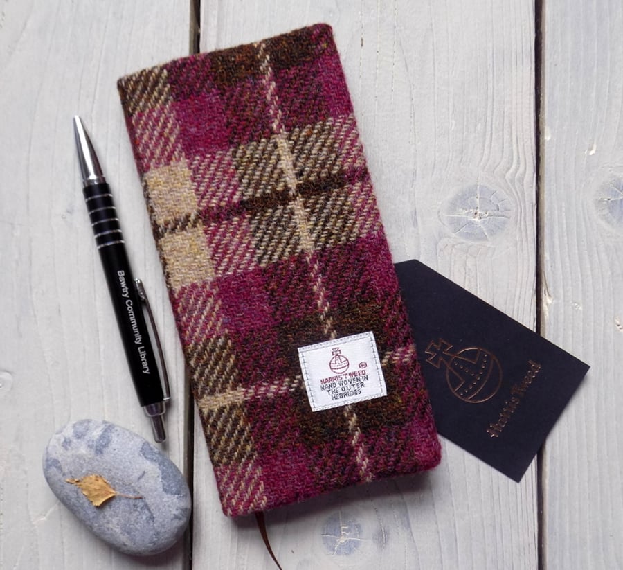 Harris Tweed covered 2018 slim diary in plum and brown check. Week to view