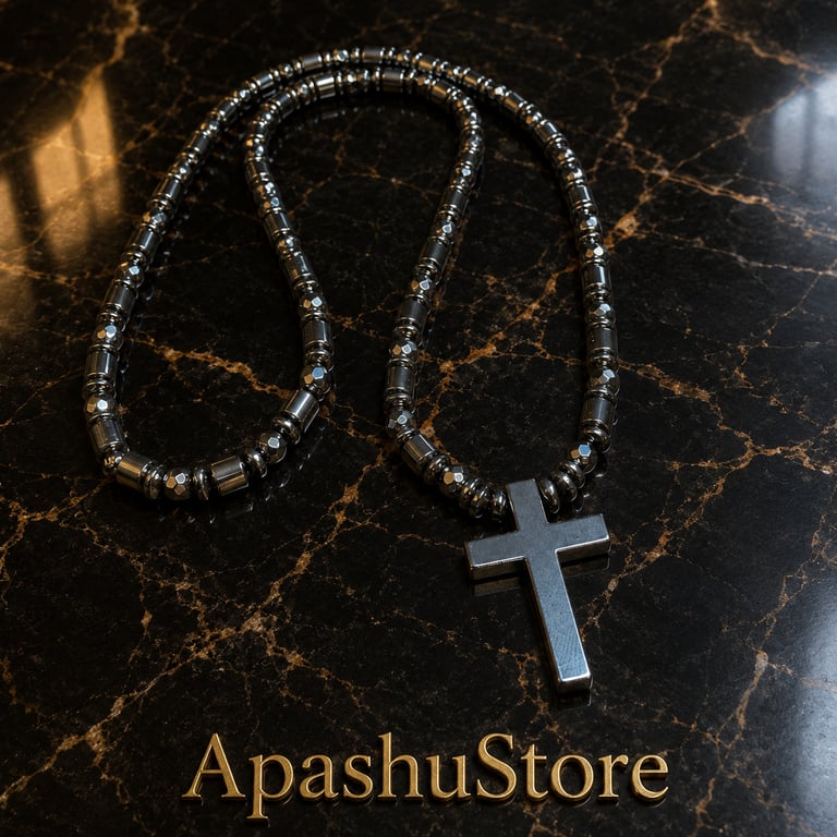 Handmade Hematite Cross Necklace 26" (66cm) Natural Hematite Beads & Hematite 