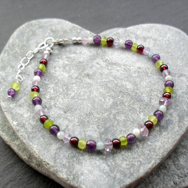 Multi Gemstone Sterling Silver Bracelet Including Amethyst Garnet and Peridot