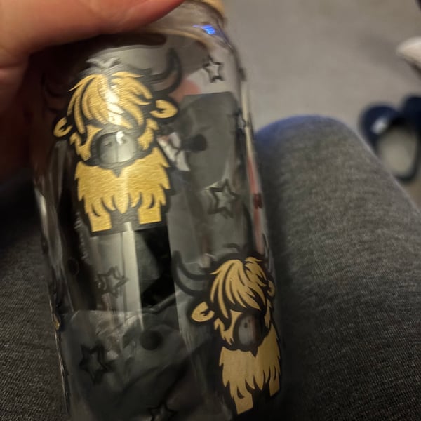 Libby glass cup with bamboo lid and glass straw highland cow