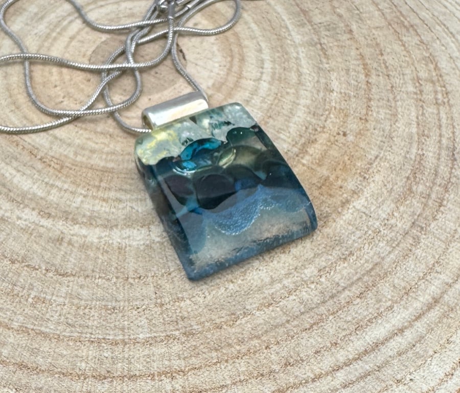 Beautiful Handmade Blue Seascape Inspired Glass Fused Pendant 