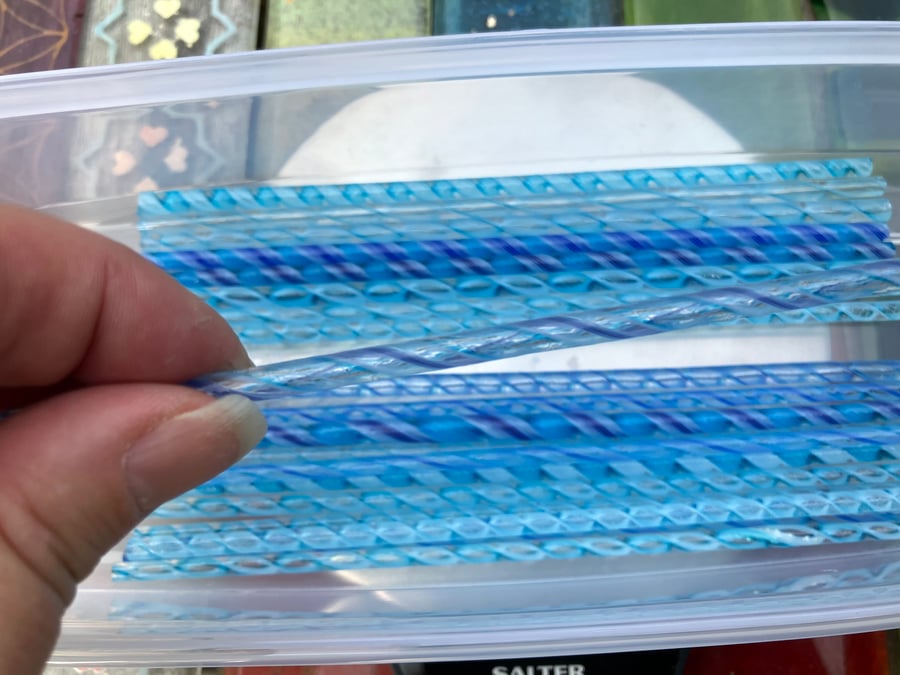 150g Mixed Blues Bullseye 90 coe glass Vitrigraph twisted cane (2023-9-bwc-15)