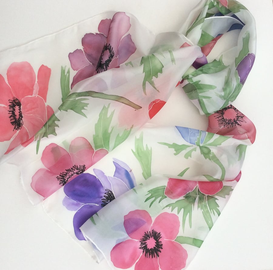 Anemones hand painted silk scarf 