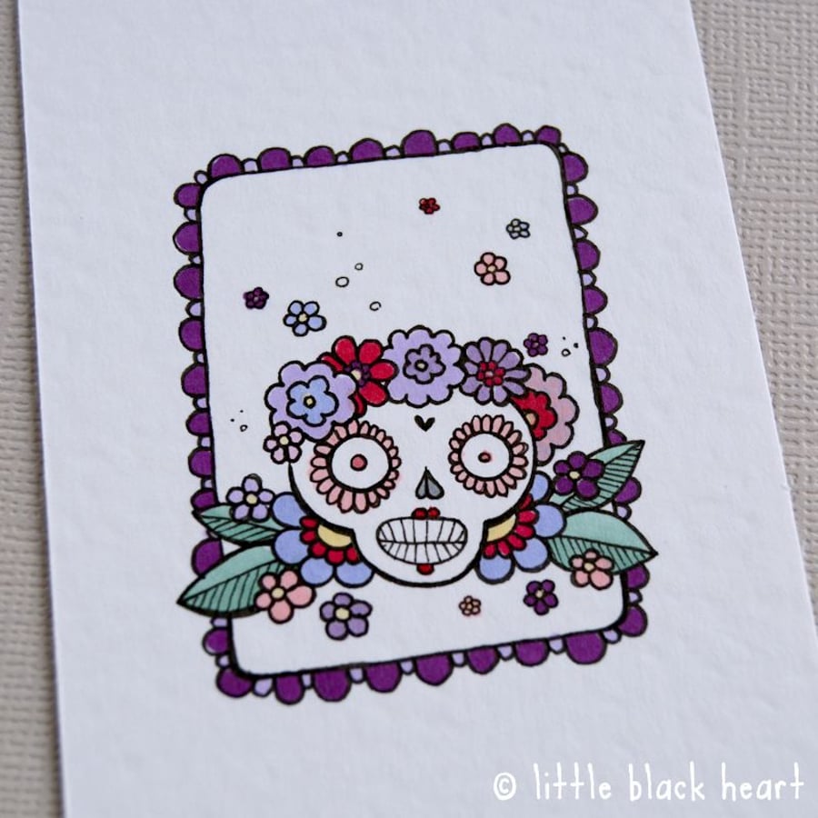 little lady skull - original aceo (purple border)