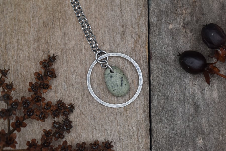 Pebble and Recycled Sterling Silver Necklace, Stone Necklace, Pendant