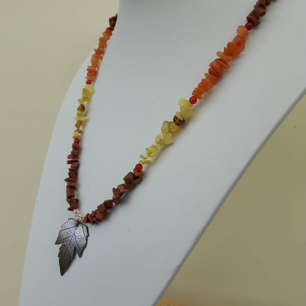 Hop Leaf Pendant Necklace with Mixed Gemstone Nuggets  in Autumn Shades