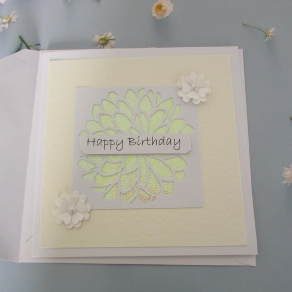 Happy Birthday Card Iridescent Die Cut White Dahlia Flower - Blank Inside