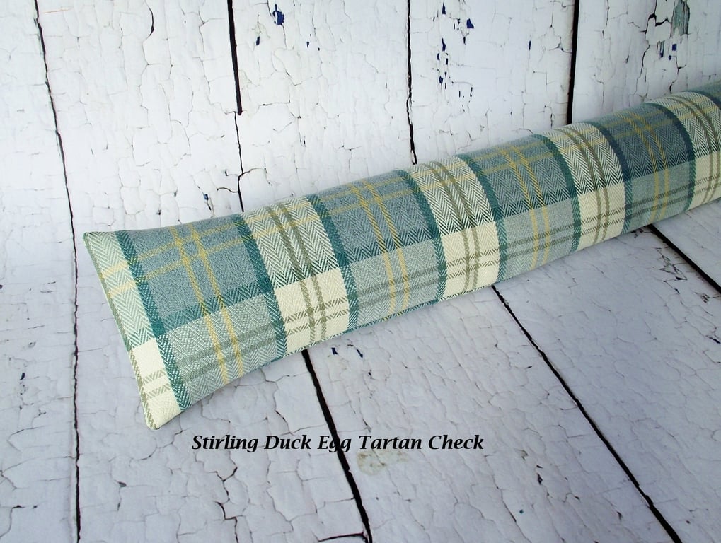Draught Excluder Stirling Duck Egg Tartan check fabric heavy weight 1.9kg