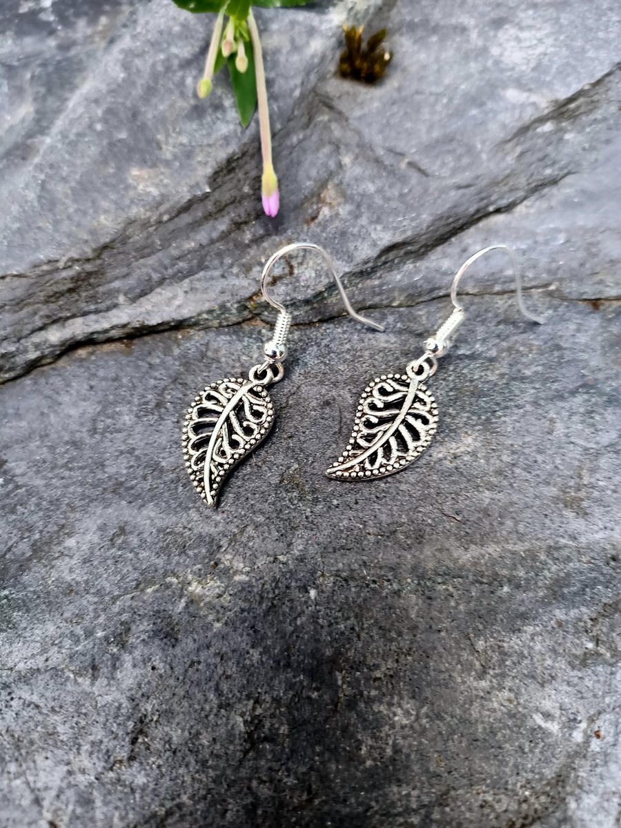 Scroll leaf dangle drop silver plate earrings 