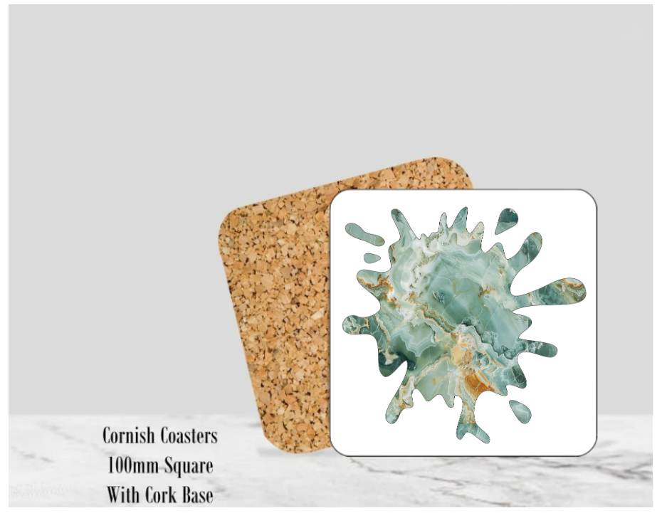 Splash (Green) Mable Coaster  4" Square With Cork Base.