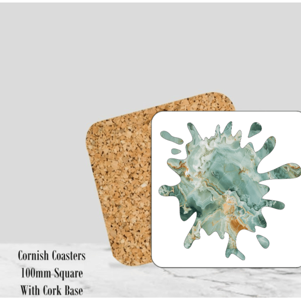  Splash (Green) Mable Coaster  4" Square With Cork Base.