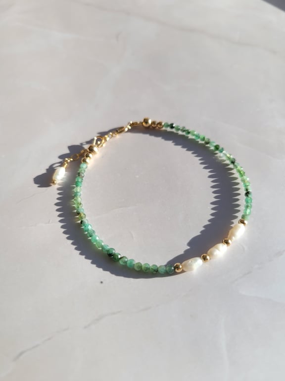 Emerald and Pearl Bracelet 14kt Gold Filled, May Birthstone Bracelet