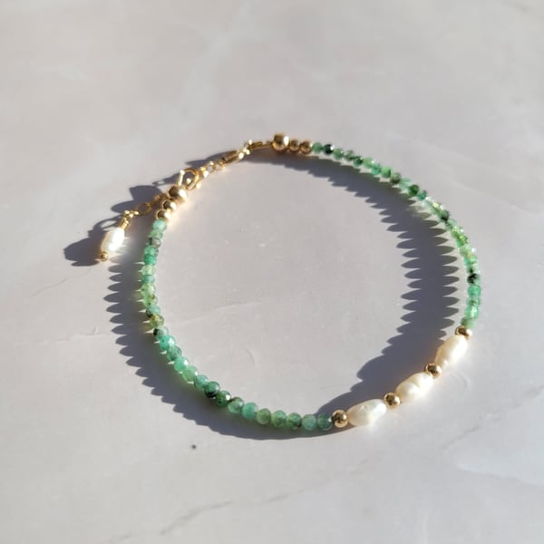 Emerald and Pearl Bracelet 14kt Gold Filled, May Birthstone Bracelet