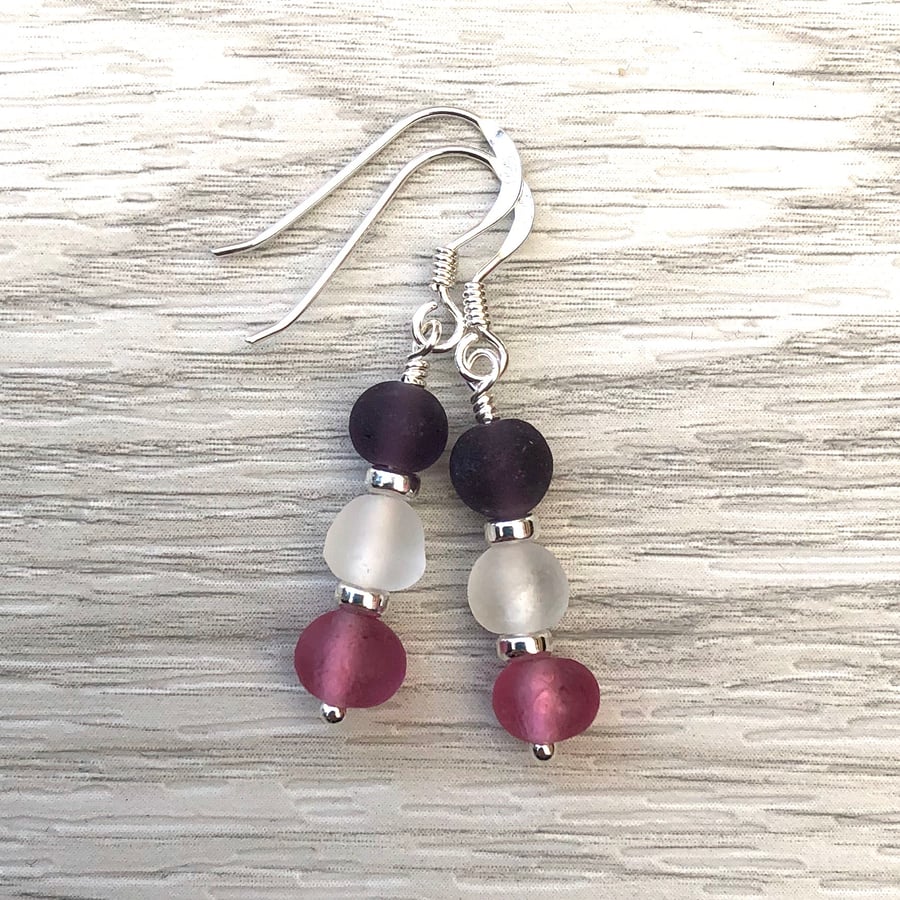 Indian Glass & Sterling Silver Earrings. Pink purple & white 