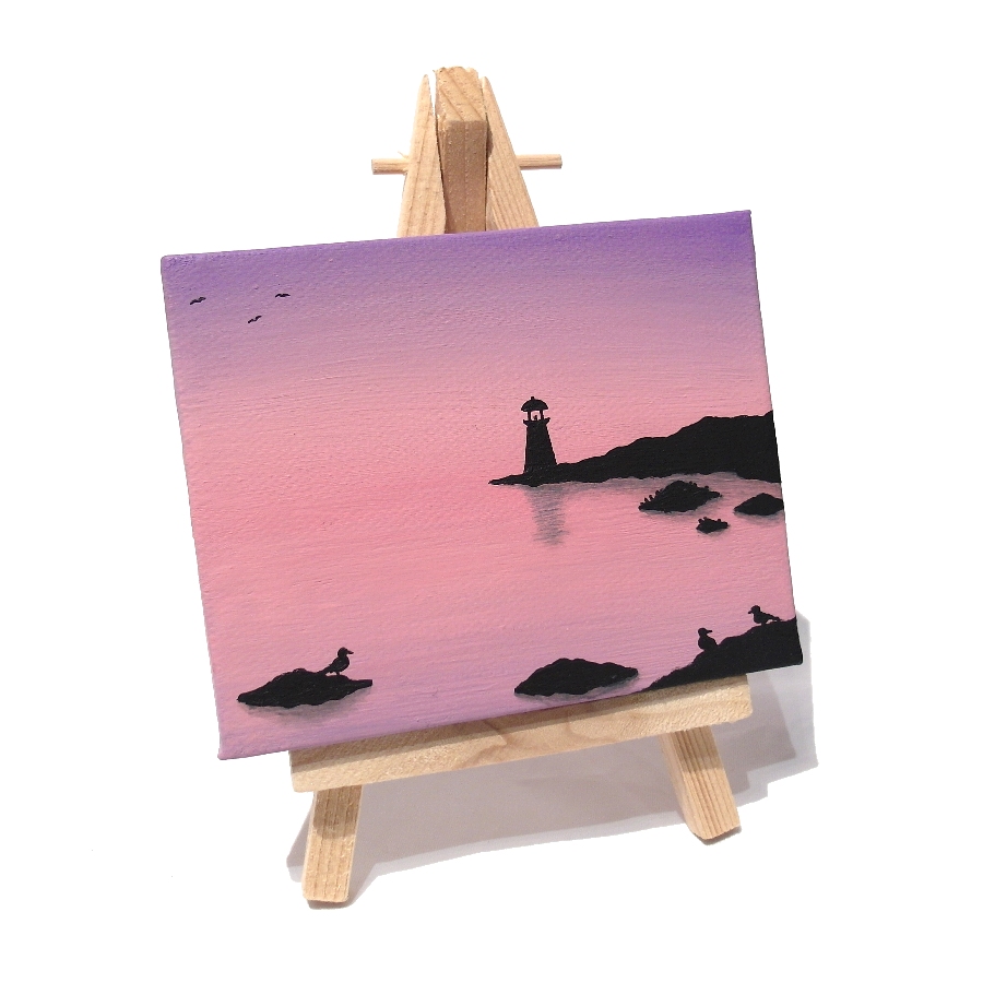 Sold Dawn Lighthouse Miniature Painting - seascape with dawn sky on mini canvas