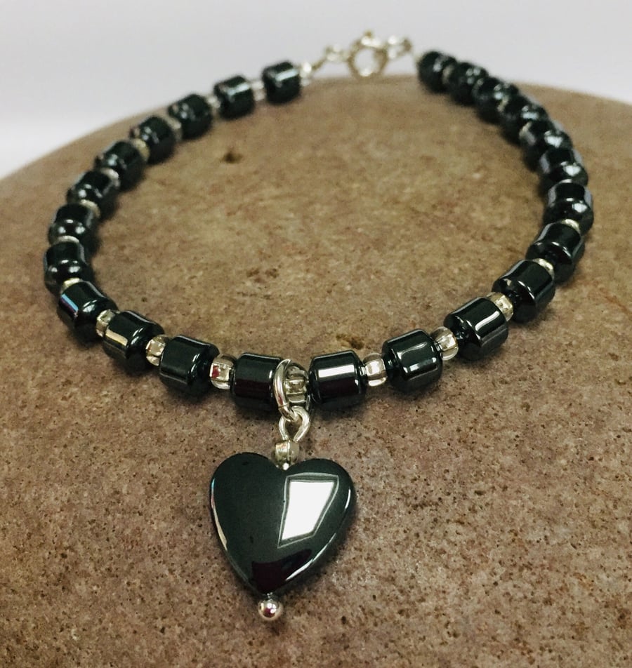 Sterling Silver Hematite Heart Bracelet