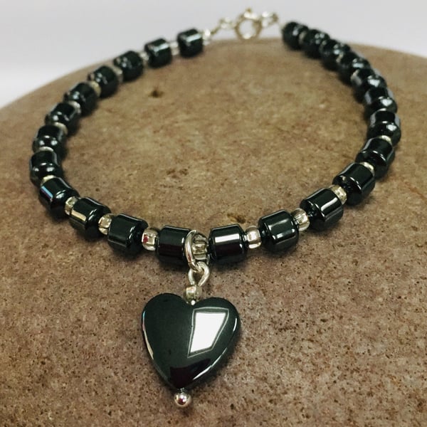 Sterling Silver Hematite Heart Bracelet